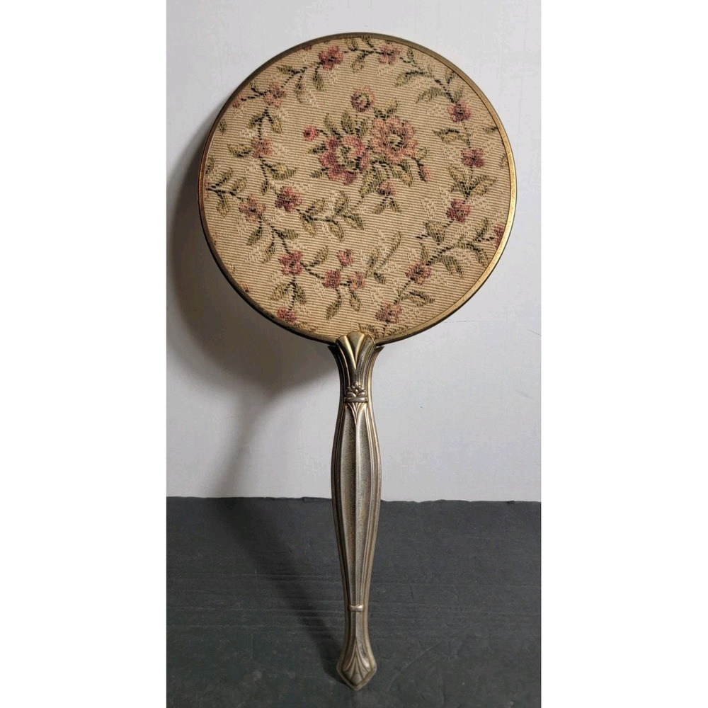 Vintage MCM Oval Art Deco Vanity Hand Mirror Needle Point Backing Pink Roses